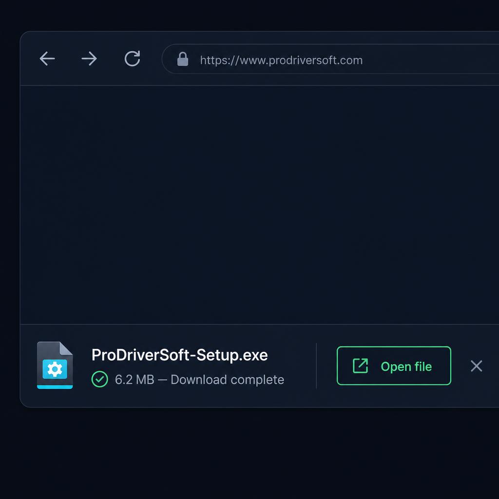 Browser download bar showing ProDriverSoft-Setup.exe downloaded, 6.2 MB, with an Open file button