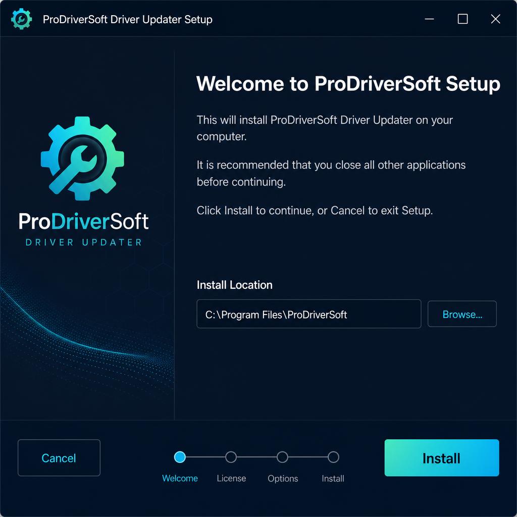 ProDriverSoft setup wizard welcome screen with install location and Install button