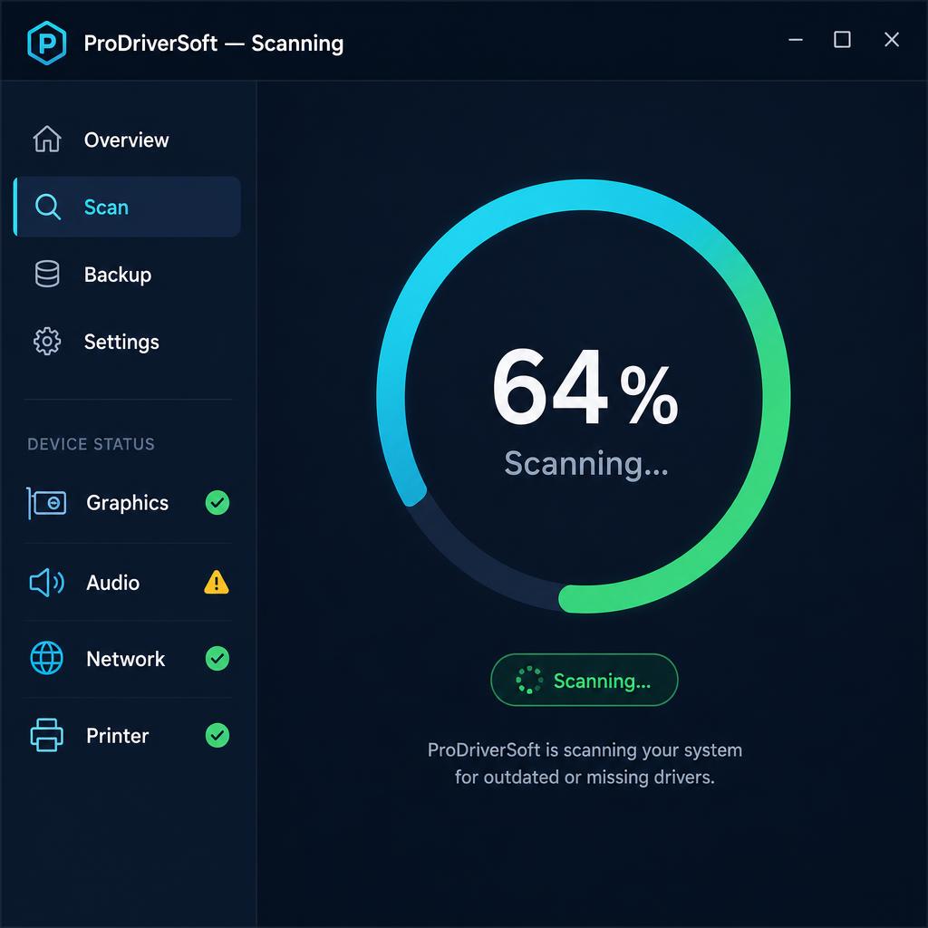 ProDriverSoft app running a system scan with a progress ring at 64% and device status list