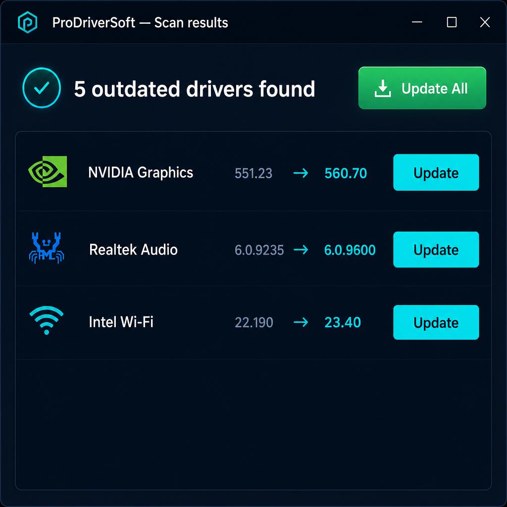 ProDriverSoft scan results listing outdated drivers with version numbers and Update buttons